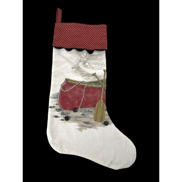 Christmas Stocking Red Wooden Boat Kayak Oars Fisherman Handmade - Picture 1 of 7